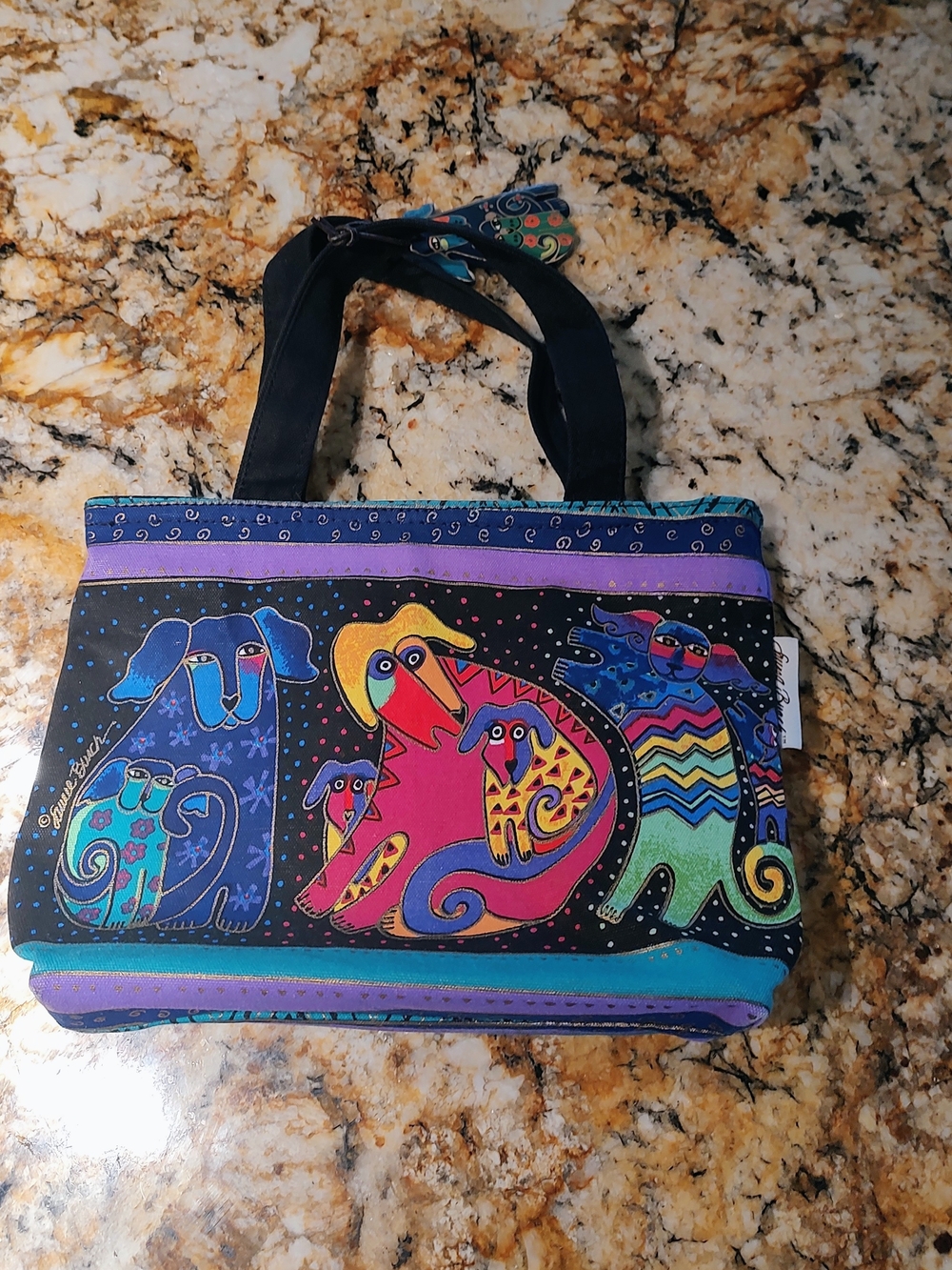 Laurel Burch Black Multicolor Playful Dog Tote with Teal Trim - Picture 5 of 11